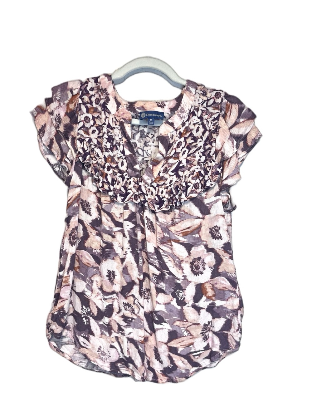 Democracy Mauve Peach Floral Print Ruffle Detail Short Flutter Sleeves SZ M